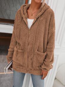 SHEIN LUNE 雙口袋落肩袖抽繩連帽毛茸茸運動衫 - 棕色 - 查看 1