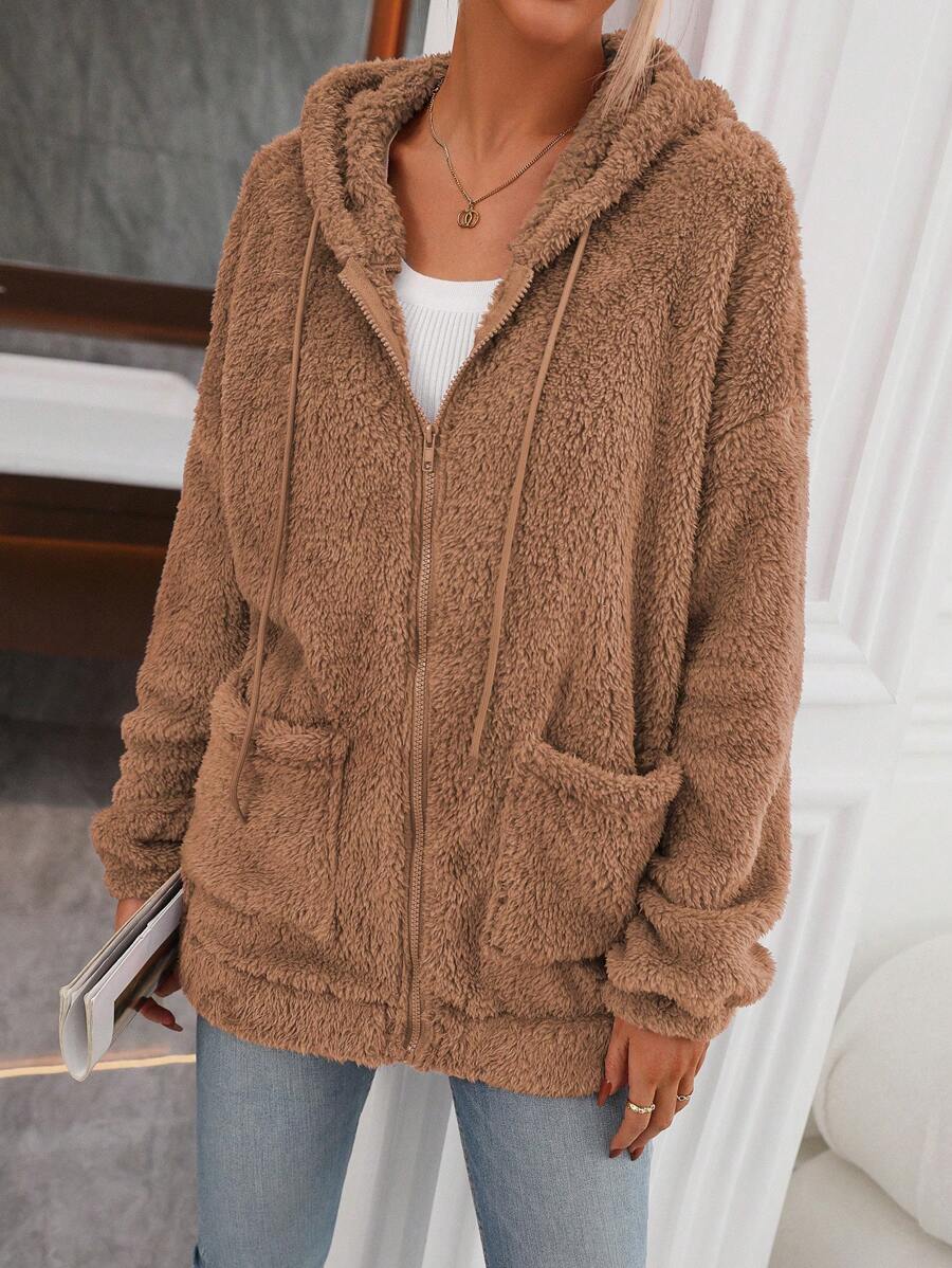 SHEIN LUNE 雙口袋落肩袖抽繩連帽毛茸茸運動衫 - 棕色 - 查看 1