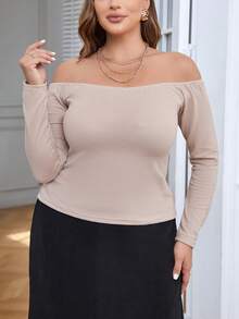 SHEIN Privé Plus Off Shoulder Ribbed Knit Tee - Apricot - View 5