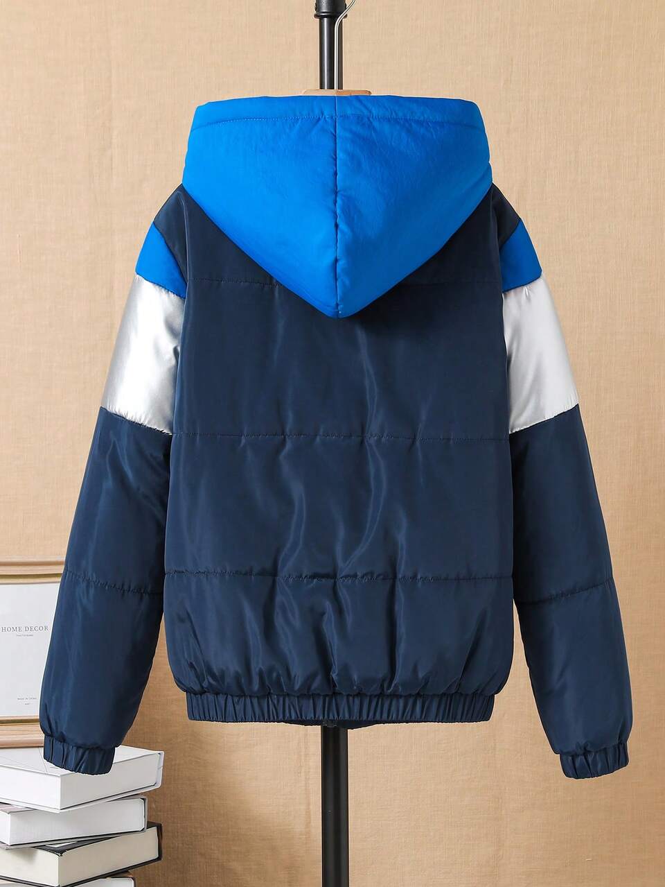 Boys' Fashionable Contrast Color Hooded Coat, Keep Warm In Winter
