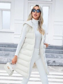 SHEIN Privé Zipper Drawstring Hooded Thickened Vest Jacket, Fall And Winter,Business Casual,Elegant,Camel,Long Sleeve - Apricot - View 1