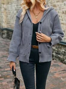 SHEIN LUNE 落肩袖抽繩連帽開襟衫 - 灰色 - 查看 3