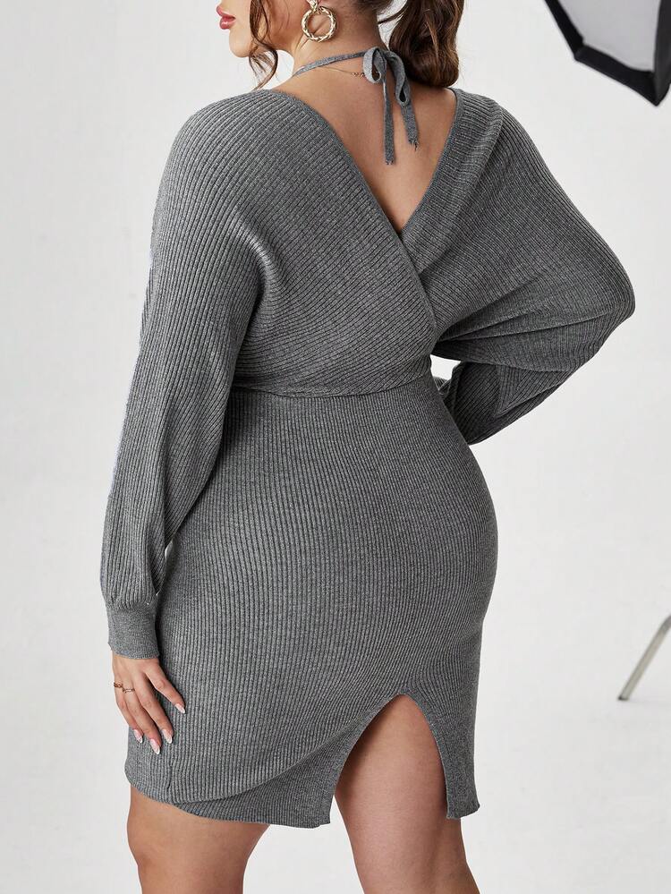 Plus Ribbed Knit Halter Neck Dolman Sleeve Split Back 2 in 1 Wrap Sweater Dress
