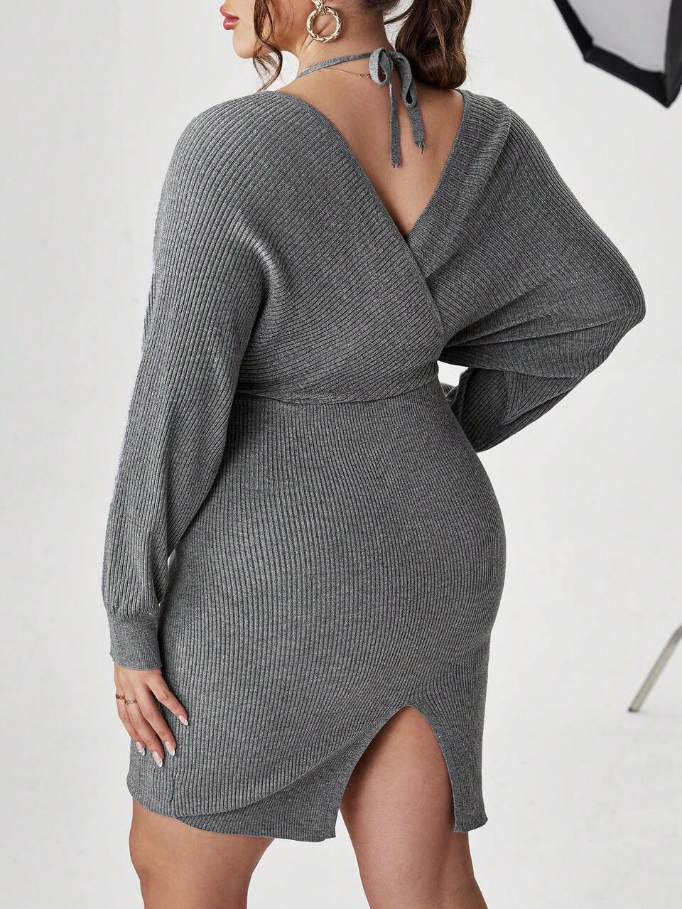 Plus Ribbed Knit Halter Neck Dolman Sleeve Split Back 2 in 1 Wrap Sweater Dress
