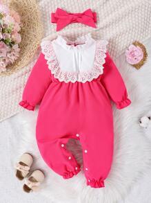 Baby Girl Contrast Eyelet Embroidery Ruffle Trim Flounce Sleeve Jumpsuit & Headband - Hot Pink - View 1
