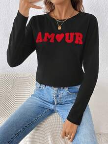 SHEIN Frenchy Mẫu chữ Vòng cổ Áo thun - màu đen - Xem 4