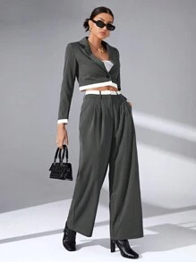 SHEIN Essnce Cổ áo Crop Blazer & Quần ống rộng - Màu xám đen - Xem 3