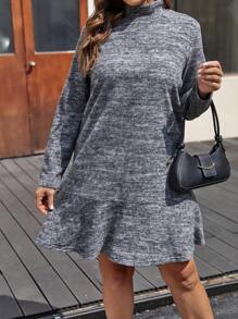 SHEIN LUNE 大尺碼荷葉邊半高領連身裙 - 灰色 - 查看 1