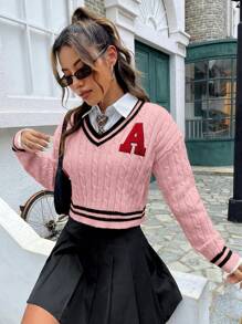 SHEIN EZwear Letter Patched Striped Trim Drop Shoulder Cricket Sweater Without Blouse - Pink - View 1