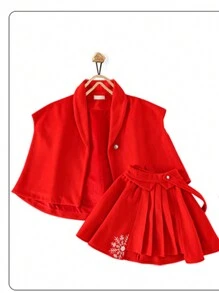 Tween Girl 1pc Batwing Sleeve Shawl Collar Coat & 1pc Belted Skirt - Red - View 4