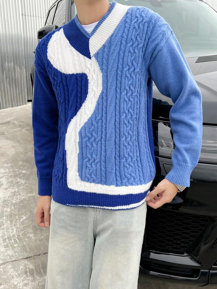 Men 1pc Colorblock Drop Shoulder Cable Knit Sweater