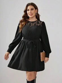 SHEIN Clasi Plus Size Swiss Dot Lace Patchwork Lantern Sleeve Dress With Belt - Black - View 1