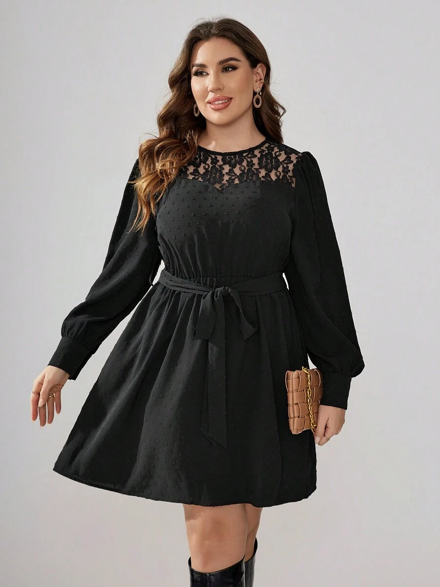 SHEIN Clasi Plus Size Swiss Dot Lace Patchwork Lantern Sleeve Dress With Belt - Black - View 1