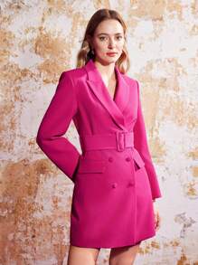 MOTF PREMIUM Cổ áo Đôi ngực Thắt lưng Váy blazer - Màu Hồng Tươi - Xem 5