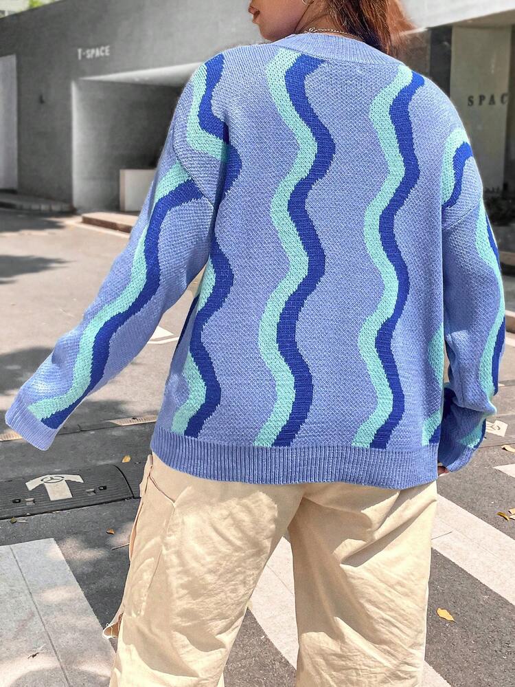 Plus Wave Striped Pattern Drop Shoulder Sweater Knit Pullover Fall Winter Sweater