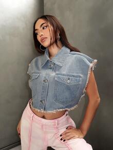 SHEIN EZwear Túi có nắp Xén Thô Áo Crop  Denim - Rửa trung bình - Xem 3