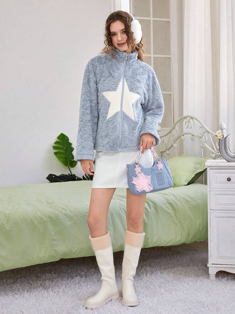 Star Pattern Drop Shoulder Fuzzy Coat