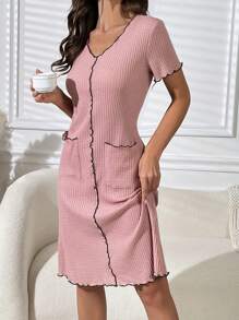 Contrast Piping Lettuce Trim Pocket Patched Waffle Knit Lounge Dress - Dusty Pink - View 5