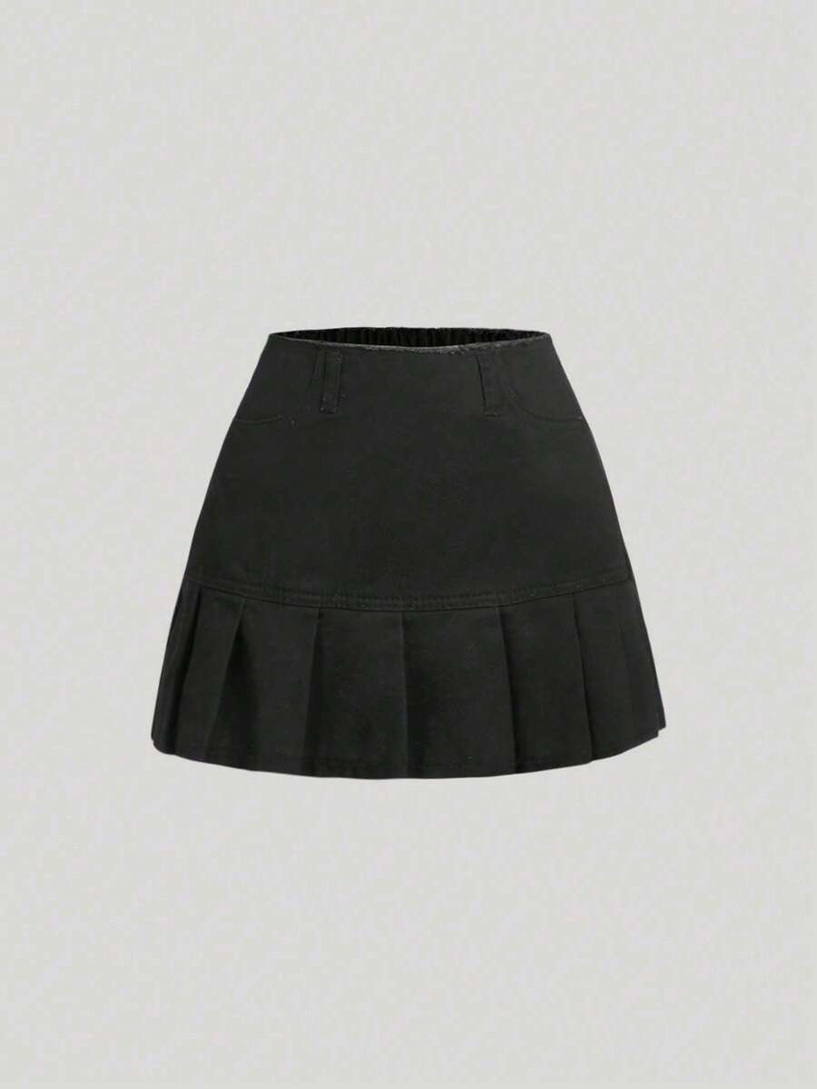 青少年女孩素色百褶下擺牛仔半身裙