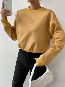 SHEIN Unity 字母图案落肩套头卫衣，秋季卫衣 - 卡其色 - 查看 5
