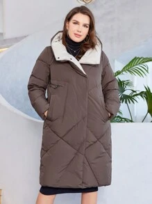 HaiLuoZi Plus Zip Up Hooded Padded Coat - Coffee Brown - View 3