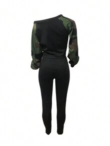 Camo Print Asymmetrical Neck Tee & Leggings Set - Black - View 2