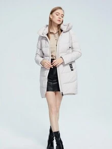 MIEGOFCE Áo khoác mùa đông dài tay có mũ trùm đầu màu trơn có khóa kéo phía trước - Màu be - Xem 6