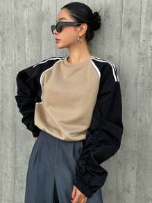 Dazy Star Contrast Binding Raglan Sleeve Striped Tape 2 In 1 Sweatshirt - Khaki - View 1