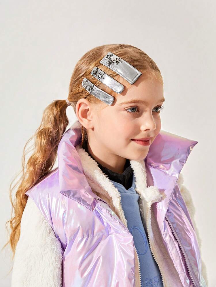 3pcs/set Fashionable Cool Girls' Silver Pu Leather Star Hair Clip Set For Street Style, Daily Wear, Photography, And Travel