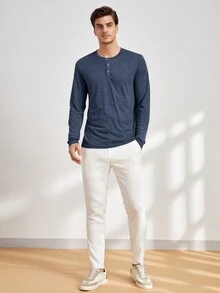 GENTILAND Nam Chất rắn Nút Nửa Mặt trước Áo thun - Màu xanh lam - Xem 4