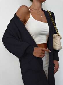 EURMUSE Cárdigan con doble bolsillo de hombros caídos con parte delantera abierta - Negro - Ver 4