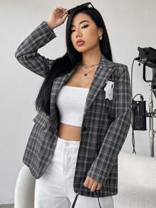 SHEIN Unity Plaid Print Letter Patched Detail Lapel Neck Blazer - Grey - View 6