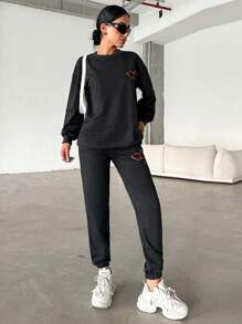 EURMUSE Heart Print Drop Shoulder Sweatshirt & Sweatpants - Dark Grey - View 3