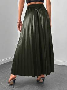 SHEIN Cottnline High Waist Pleated Skirt - Dark Green - View 2