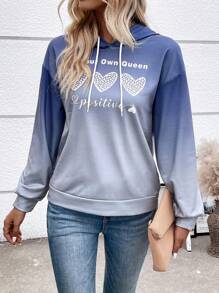 SHEIN LUNE Đồ họa trái tim & khẩu hiệu Thả vai Dây rút Hoodie - Màu xanh lam - Xem 1