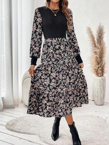 SHEIN Frenchy Vestido con estampado floral de manga farol bajo con fruncido - Negro - Ver 4
