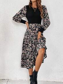 SHEIN Frenchy Vestido con estampado floral de manga farol bajo con fruncido - Negro - Ver 6