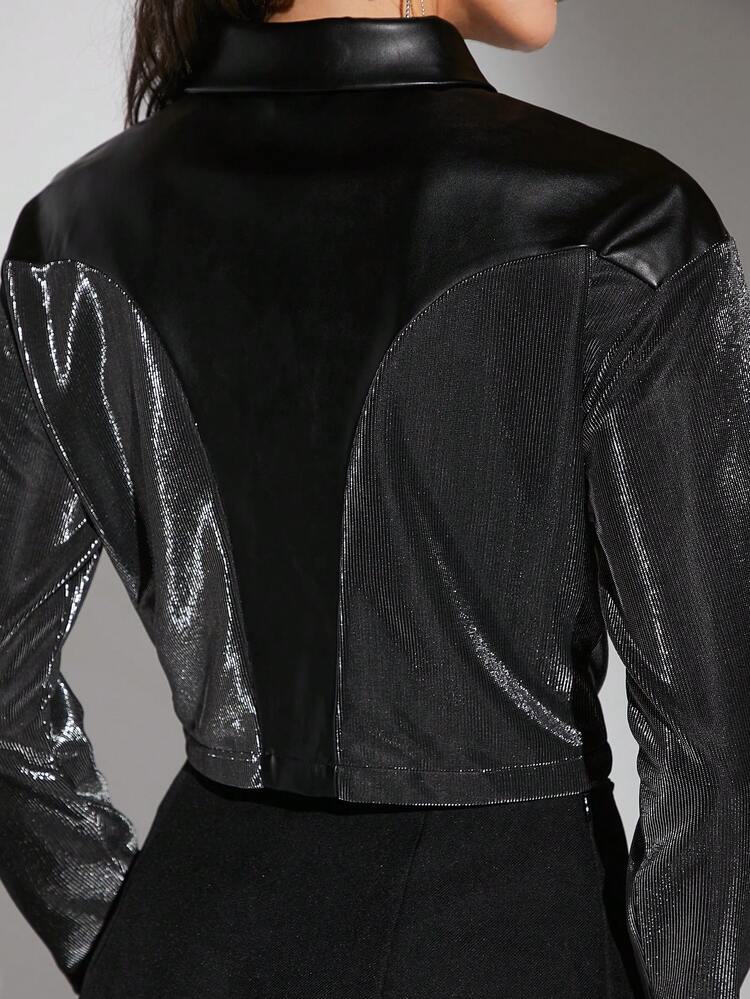 Hauture Camisa Corta Con Botones Metálicos Y Mezcla De Materiales - Negro - Ver 4