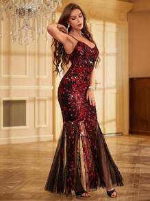 SHEIN Belle 花卉亮片鱼尾下摆礼服宴会礼服婚礼宾客礼服晚礼服 - 彩色 - 查看 3