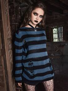 ROMWE Goth Striped Pattern Ripped Sweater - Multicolor - View 5