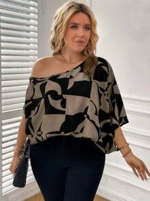 SHEIN Clasi Plus Size  Women's Summer Vacation Printed Simple Daily Shirt/Blouse With Face Print - Brown - View 5