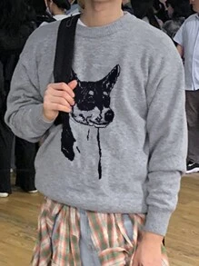 DAZY 男士動物圖案落肩袖套頭毛衣 - 灰色 - 查看 2