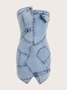 SHEIN ICON Patchwork Tube Denim Dress - Light Wash - View 1
