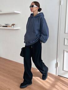 Dazy-Less Sudadera con capucha de manga larga, casual y de unicolor liso con bolsillo - Neblina azul - Ver 3