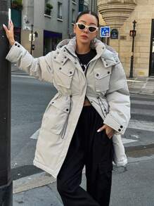 DAZY Flap Pocket Drawstring Hooded Padded Coat Winter