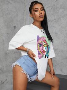SHEIN EZwear 人像圖案落肩T恤 - 白色 - 查看 4