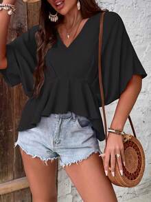 SHEIN LUNE Solid Batwing Sleeve Peplum Blouse - Black - View 4