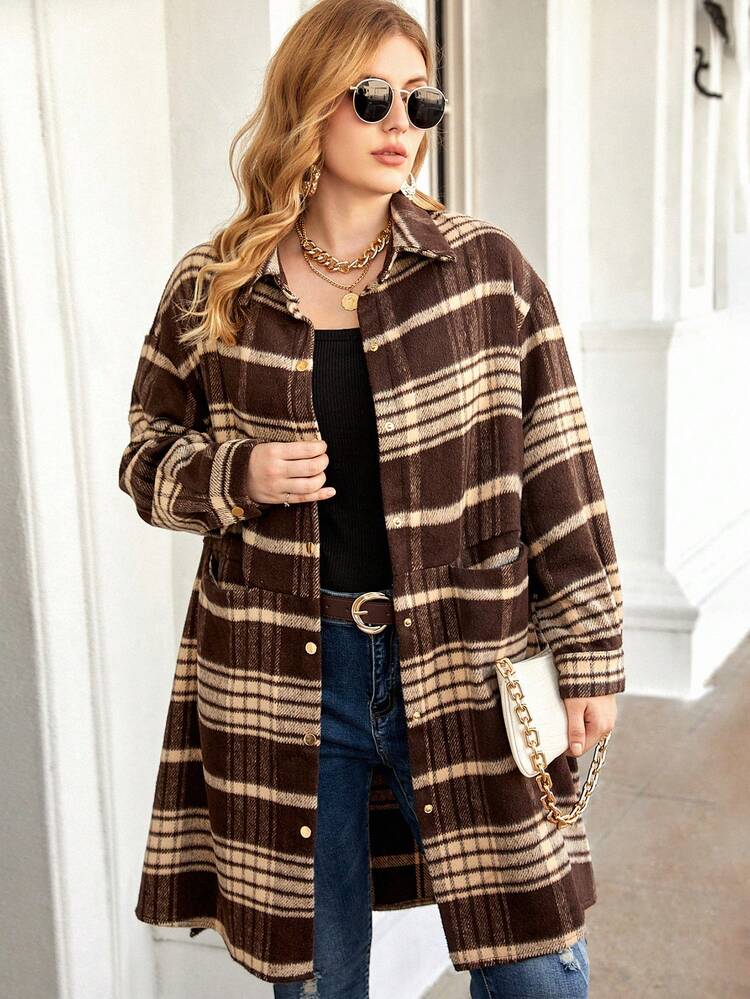 Plus Plaid Print Drop Shoulder Overcoat