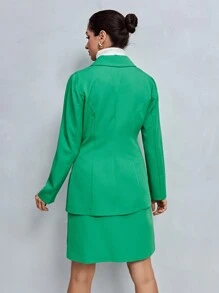 EURMUSE Double Breasted Blazer & Split Hem Skirt - Green - View 2
