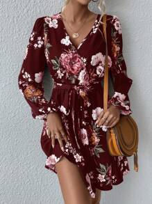 SHEIN Clasi In hoa Tay áo lồng đèn Váy có thắt lưng - Màu Đỏ Sâu - Xem 6